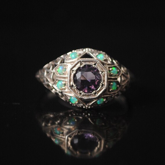 Sterling Silver Amethyst Opal Art Nouveau Ring Sz 7 #12271