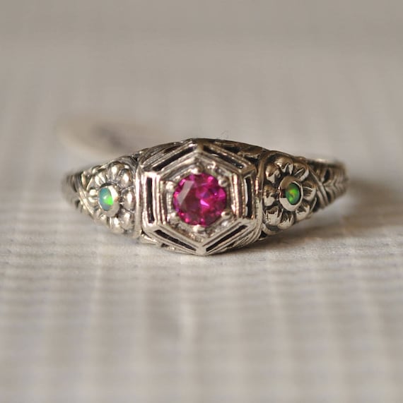 Sterling Silver Ruby Opal Victorian Ring Sz 8 #9844