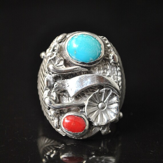 Sterling Silver Turquoise Coral Native American Style Ring Sz 11 #10759