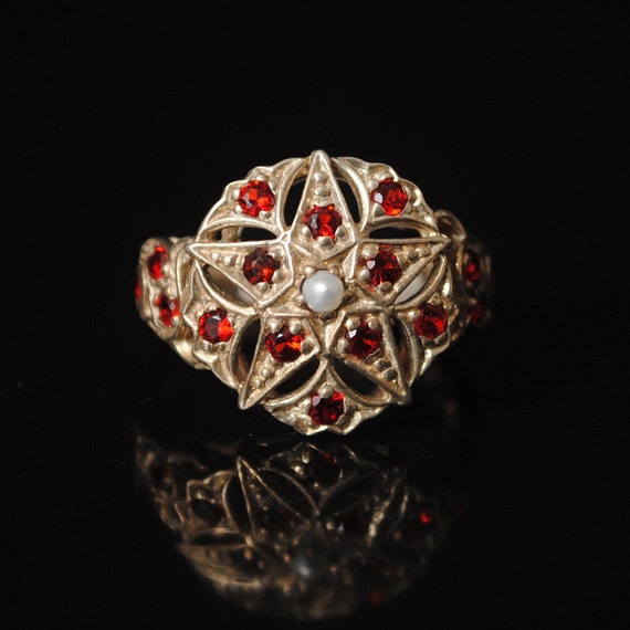 Sterling Silver Fire Garnet Pearl Art Deco Ring Sz 7 #7285