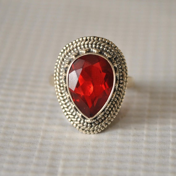 Sterling Silver Fire Garnet Ring Sz 7.75 #9828