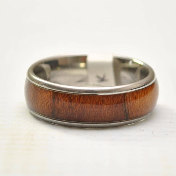 Hawaiian Koa Wood Thick Inlay Band in Stainless Steel Ring Sz 13 #10549