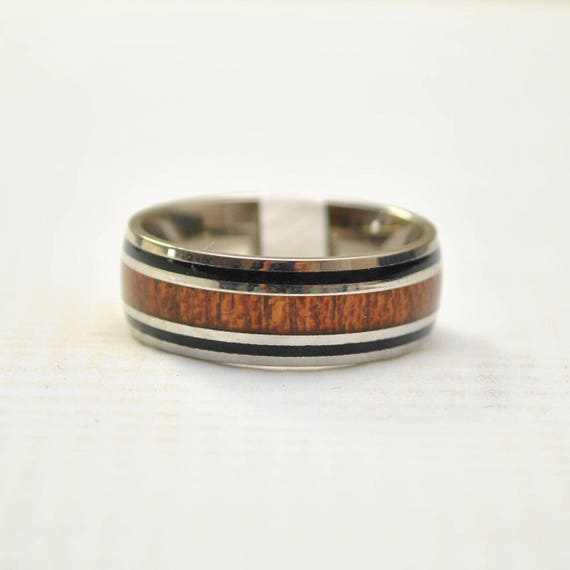 Hawaiian Koa Wood with Black Stripe in Stainless Steel Ring Sz 9 #8306