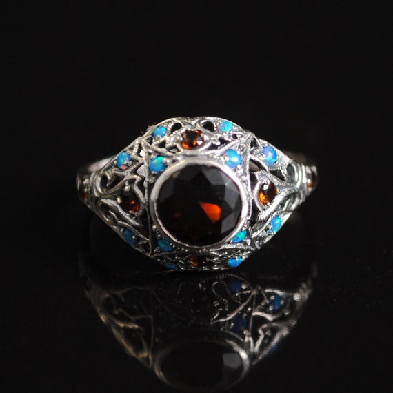 Sterling Silver Fire Garnet Opal Art Deco Ring Sz 8 #11646