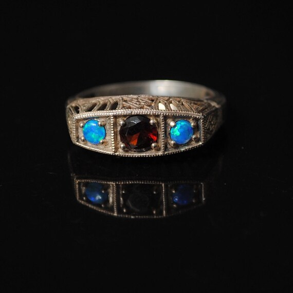 Sterling Silver Garnet Blue Fire Opal Art Deco Ring Sz 7 #6807