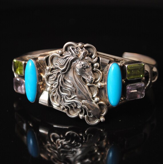 Native American Signed Running Bear Turquoise Peridot Amethyst Cuff #13058