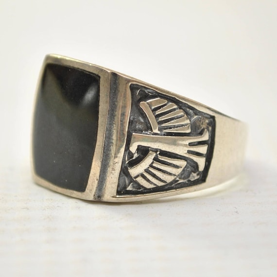 Onyx Curved Square Phoenix Bird in Sterling Silver Ring Sz 10 #12529
