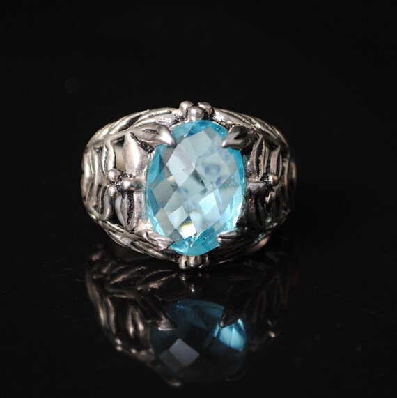 Sterling Silver Blue Topaz Art Deco Ring Sz 7 #11088