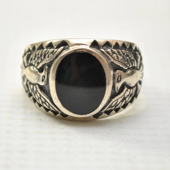 Onyx Oval with War Bird in Sterling Silver Ring Sz 13 #8793
