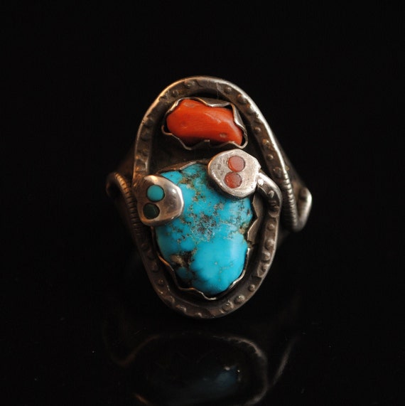 Sterling Silver Native American Navajo Turquoise Coral Snake Ring Sz 12 #12566