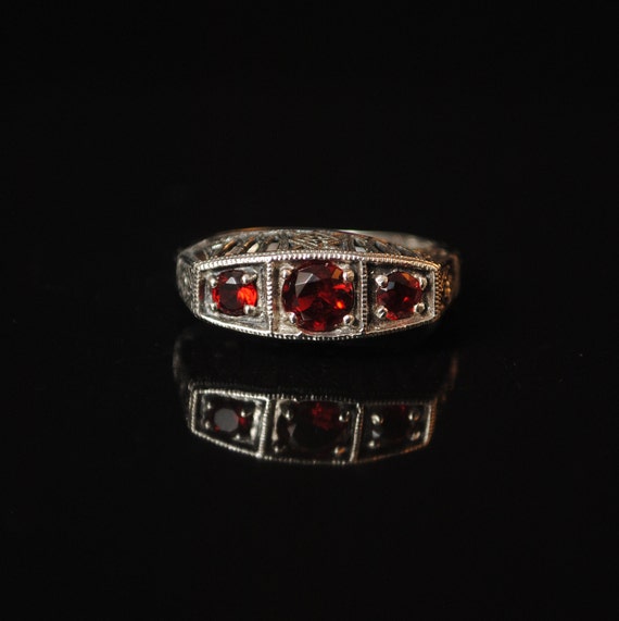 Sterling Silver Fire Garnet Art Nouveau Ring Sz 6 #13348