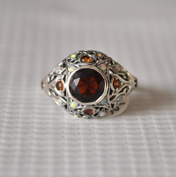 Sterling Silver Fire Garnet Fire Opal Art Deco Ring Sz 7 #9807