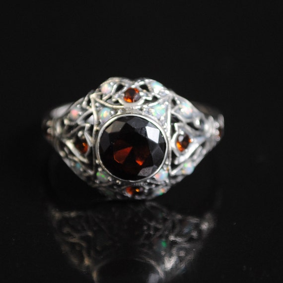 Sterling Silver Fire Garnet Opal Art Deco Ring Sz 8 #11662