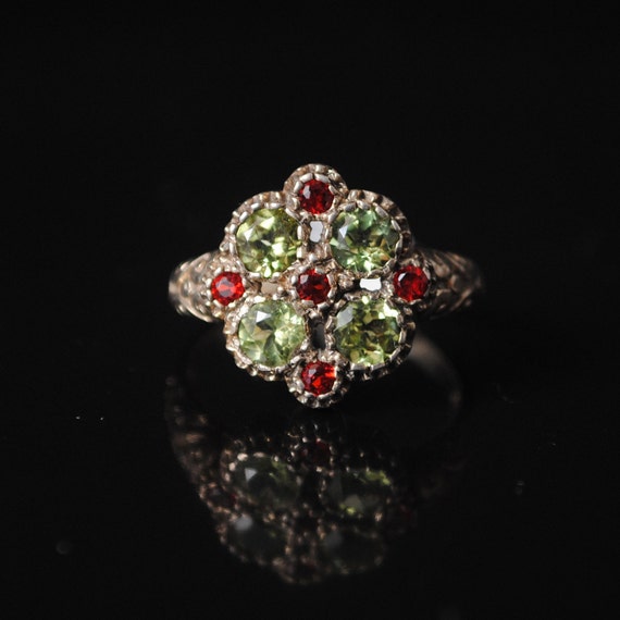 Sterling Silver Fire Garnet Peridot Art Deco Ring Sz 6 #12256