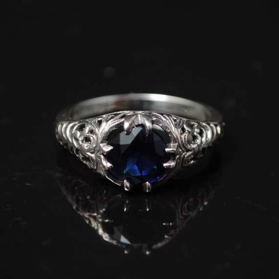 Sterling Silver Blue Sapphire Art Deco Ring Sz 7 #11531