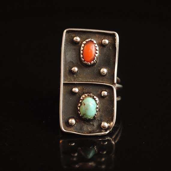 Sterling Silver Native American Navajo Turquoise Coral Ring Sz 9 #4087