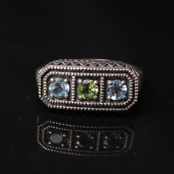 Sterling Silver Aquamarine Peridot Art Deco Ring Sz 7 #5637