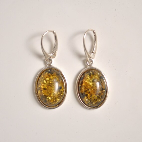 Sterling Silver Green Amber Lever Back Earrings #11325