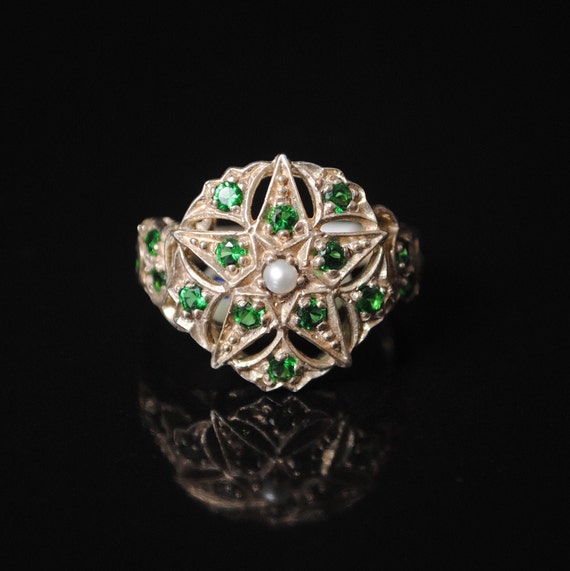 Sterling Silver Emerald Pearl Art Deco Ring Sz 7 #7520