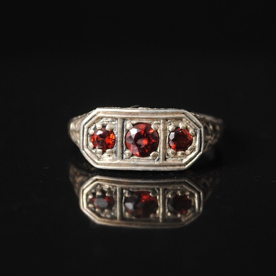 Sterling Silver Garnet Art Deco Ring Sz 6 #6713