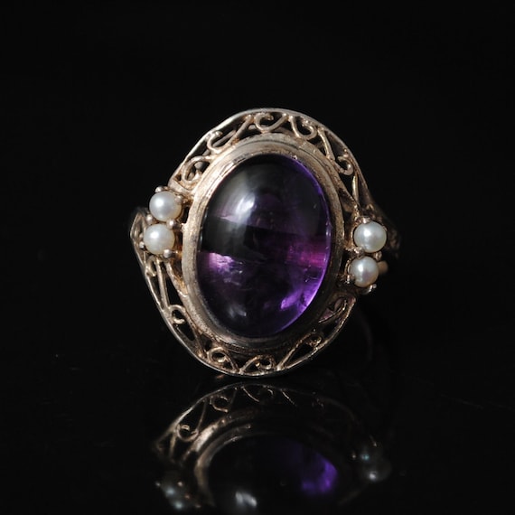 Sterling Silver Antique Style Amethyst Pearl Art Deco Ring Sz 6 #6800
