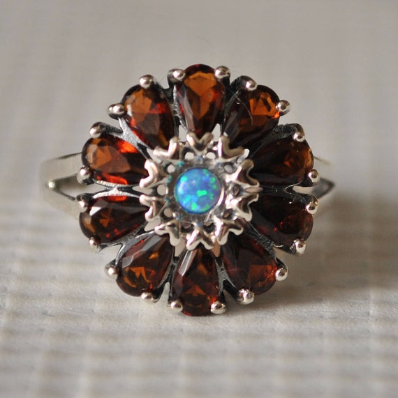 Sterling Silver Fire Garnet Opal Art Deco Ring Sz 7 #9856