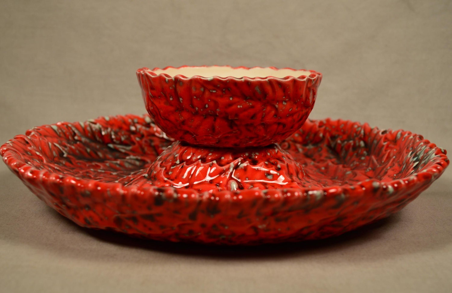 Chip and Dip Tray Plate Bowl Red Ceramic Leaf Vintage Leaves Etsy