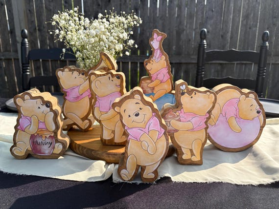 Winnie the Pooh it’s a girl! Poohs Adventures Centerpiece! Handcrafted Wooden set of 7 Winnie the Poohs  Nursery Baby Shower