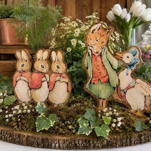 Set of 6 Handmade wooden collection of Beatrix Potter-inspired friends for baby shower or first birthday centerpieces