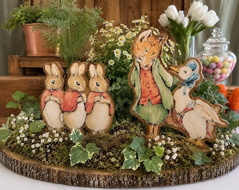 Set of 6 Handmade wooden collection of Beatrix Potter-inspired friends for baby shower or first birthday centerpieces