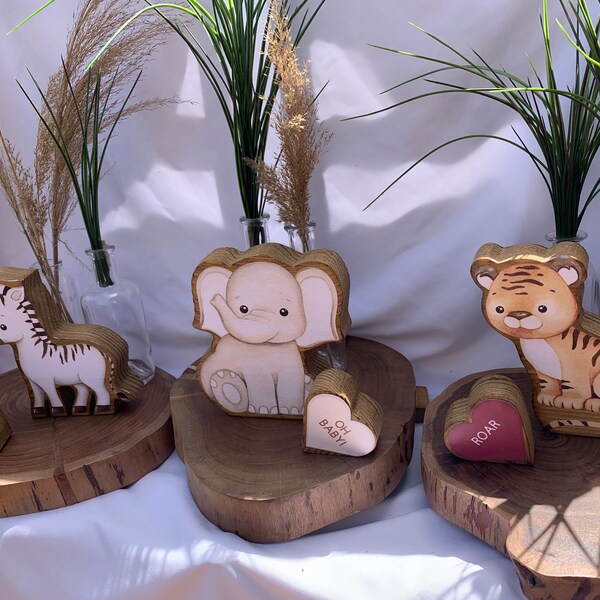 Wild Jungle Animal Centerpiece Set: Tiger, Elephant, Monkey, Lion, Giraffe & Zebra. Nursery, Baby Shower, Baby Birthday