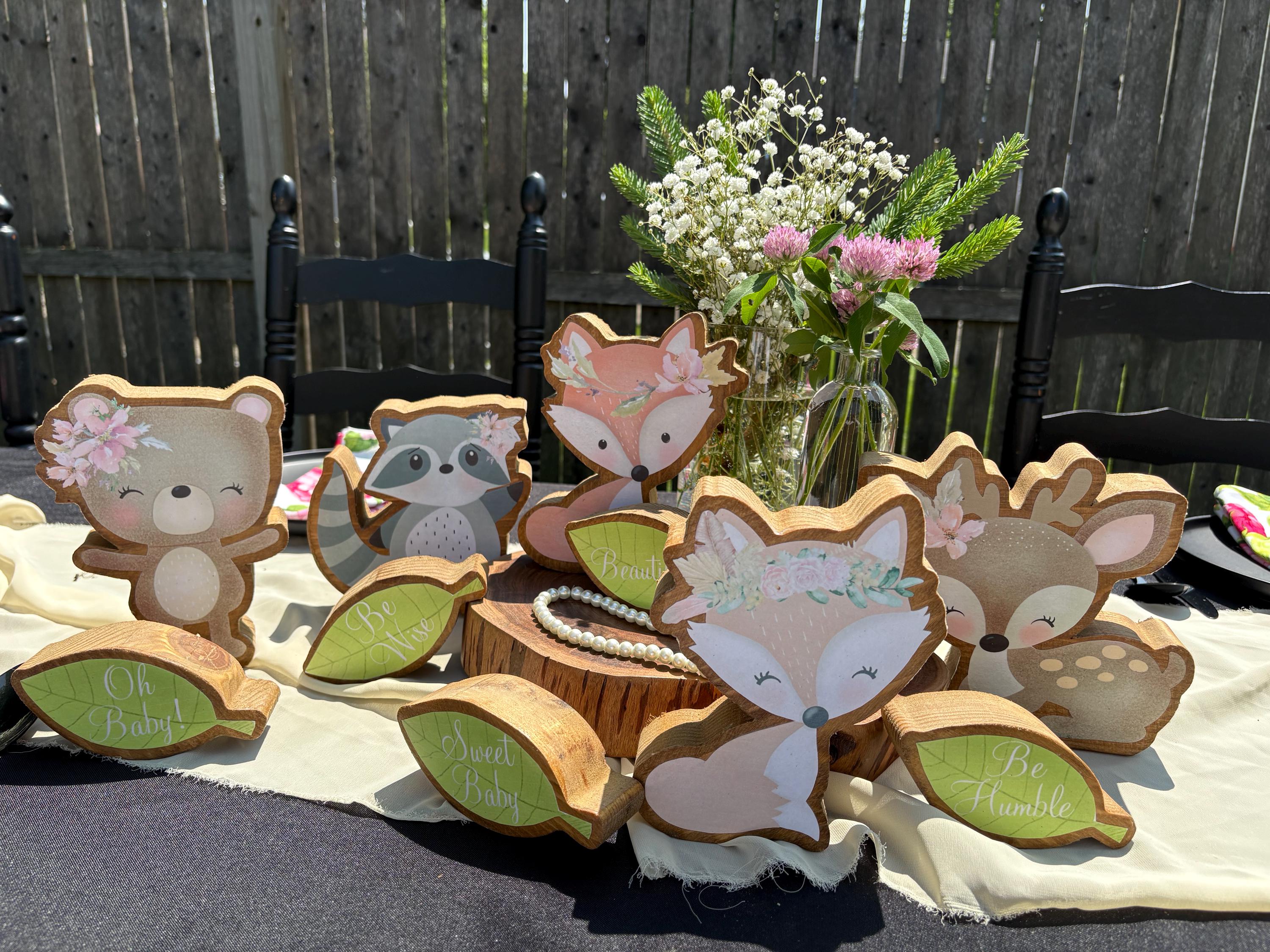 Handmade Wooden Boho Woodland Animal Set – Baby Shower & 1st Birthday Centerpieces 10 Pieces Total Bear, Racoon, Deer and Foxes