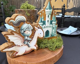 Knights & Dragons Set of 3 Dragons 2 Knights Castle and King Handmade Wooden Baby Shower or Birthday Centerpieces