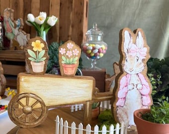 Peter Rabbit's Pink Garden Party Handmade Double-Sided Wooden Baby Shower Centerpiece Set Wheelbarrow with 3 Flower Plants