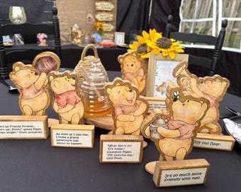 Set of 6 Double Sided Wooden Winnie the Poohs with Sayings for Baby Shower Centerpieces or Nursery Decor Poohs Friends Sold Separately