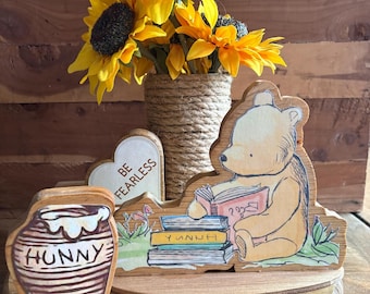 Double sided Classic Winnie the Pooh Set of 3 – Handmade Wooden Pooh's w/ Honey Pots & Personalized Hearts for Baby Shower Centerpieces