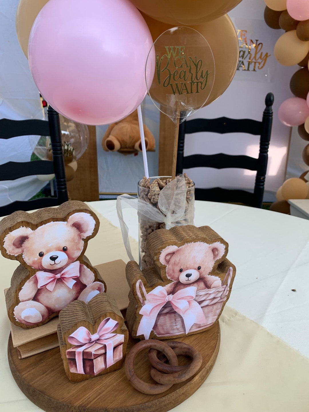 Adorable Handmade Wooden Teddy Bear Set of in Pink for Baby