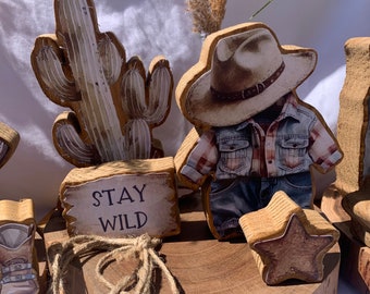 Set# 2)  BOHO Western Cowboy Centerpiece Sets: Cowboy, Horse, Cactus, Boots, Bear, Lasso, Stars for Baby Decor, Baby Shower, Baby Birthday