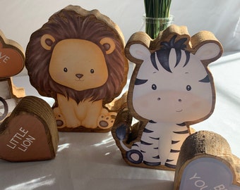 Baby Jungle Animals with Hearts, Handcrafted Wooden Centerpieces! Perfect for your Nursery Decor, Baby Shower or Birthday!