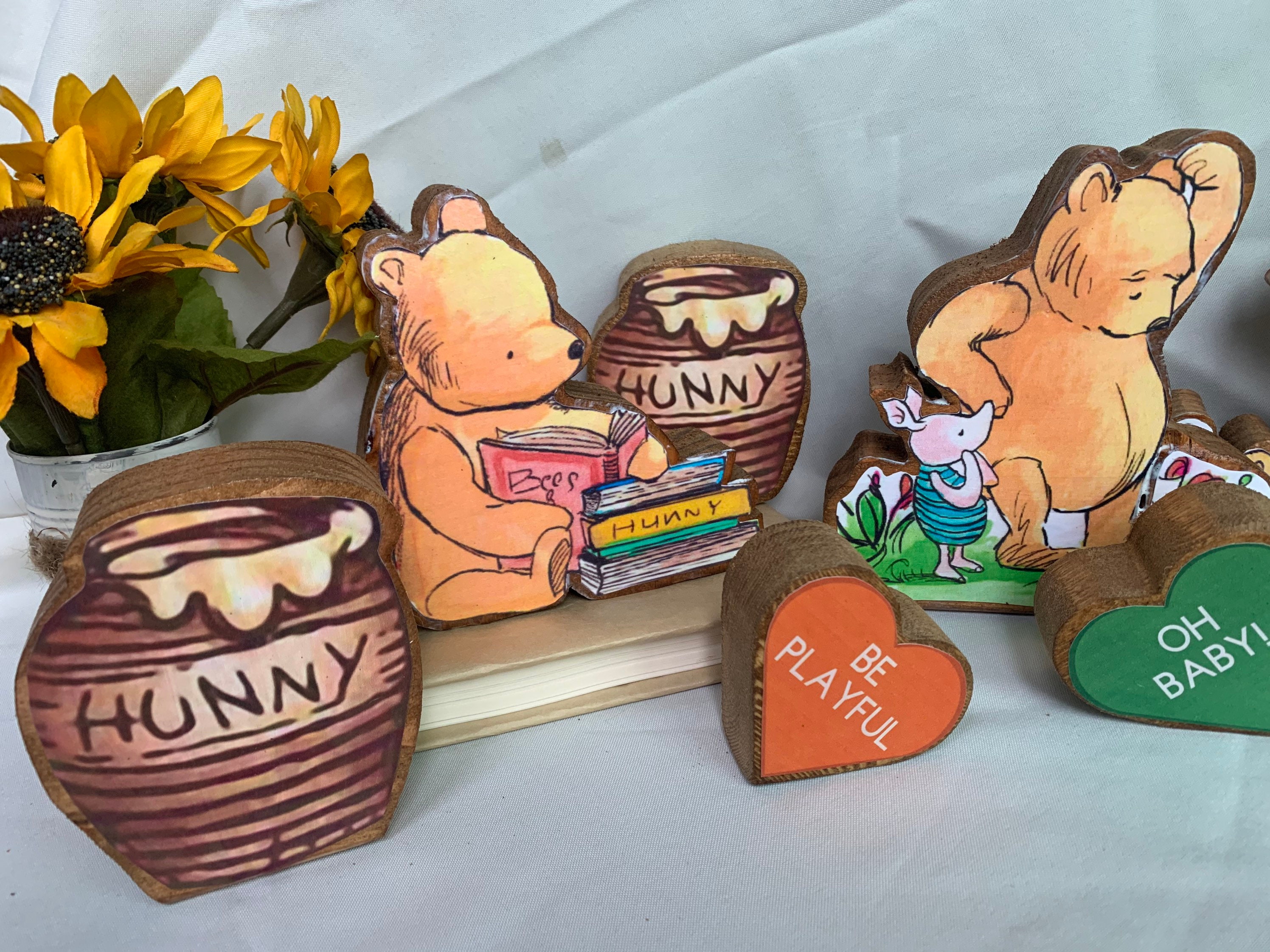 Poohs Adventures Centerpiece! Handcrafted Wooden set of 6 Winnie the Poohs  with Favorite Sayings Nursery, Baby Shower, Baby Birthday