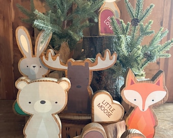 Woodland Animal Centerpiece Double Sided Set of 5, Fox, Bear, Moose, Rabbit, Racoon for Nursery, Baby Shower or Baby Birthday