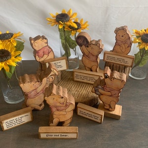 Poohs Adventures Centerpiece! Handcrafted Wooden set of 6 Winnie the Poohs with Favorite Sayings Nursery, Baby Shower, Baby Birthday