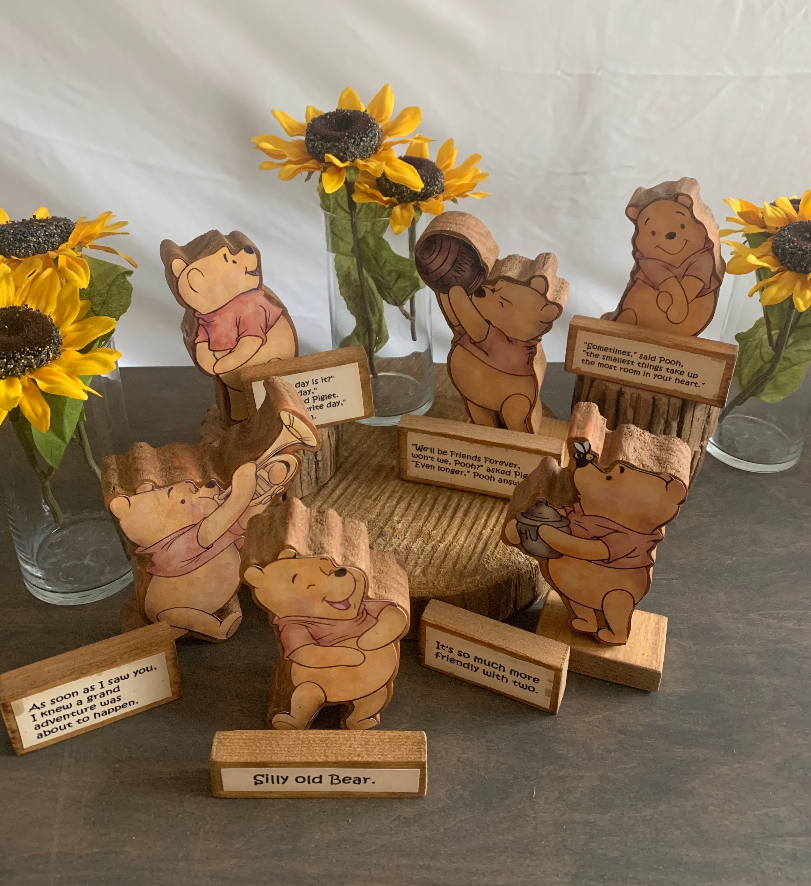 Poohs Adventures Centerpiece! Handcrafted Wooden set of 6 Winnie the Poohs  with Favorite Sayings Nursery, Baby Shower, Baby Birthday