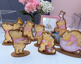 Winnie the Pooh it’s a girl! Double sided Poohs Adventures Centerpiece! Handcrafted Wooden set of 7 Winnie the Poohs  Nursery Baby Shower