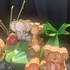 Vintage looking wooden set of 7 jungle safari animals with personalized hearts for your baby shower centerpieces