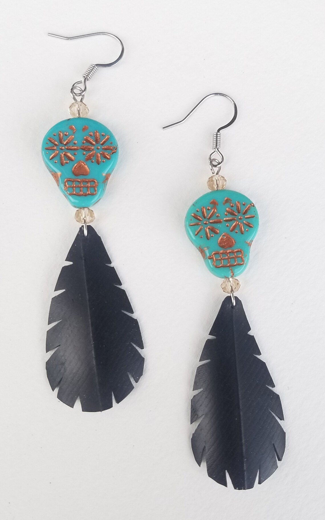 Bike Tire Earrings Skull Bicycle Innertube Feather Earrings Handmade