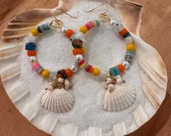 Colorful Beaded Hoop Earrings with Shell Pendants