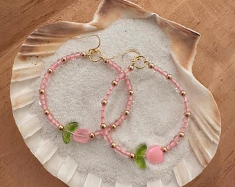Pink Beaded Tulip Hoop Earrings