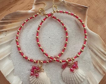 Hot Pink & Gold Beaded Hoop Earrings with Shell Pendant
