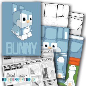 K&ouml;nnte beinhalten: Eine druckbare Papierbastelvorlage zum Basteln eines blauen Hasen. Die Vorlage enth&auml;lt Anweisungen zum Zusammenbauen des Hasen, der aus verschiedenen Teilen besteht, darunter Kopf, Arme, F&uuml;&szlig;e und Schwanz.
